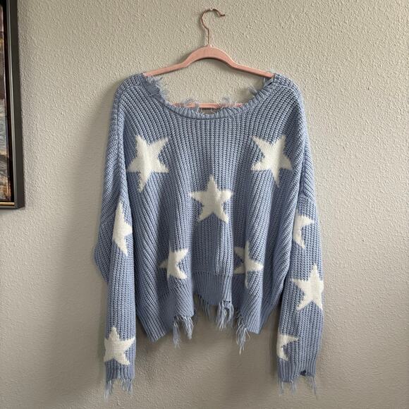 Polly & Esther Star Baby Blue Raw Hem Distressed Knitted V-neck Sweater Size XL - Picture 7 of 13